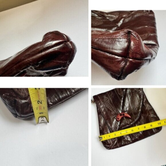 Vintage 80s Eel Skin Leather Snake Print Suede Shoulder Bag Brown Tote Button - Picture 14 of 16